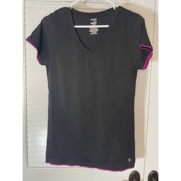Danskin Athletic Now Fitted Short Sleeve Black Pink V Neck Women's Sz L 12-14 - Picture 1 of 7
